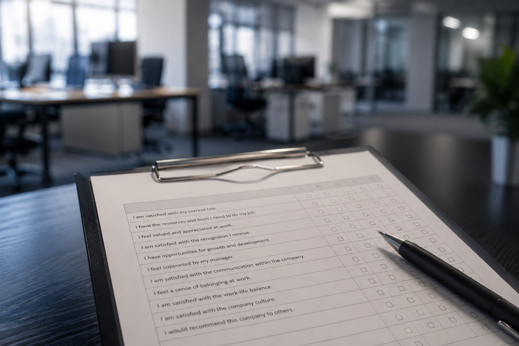 Close-up of a workplace engagement survey form and pen on a clipboard