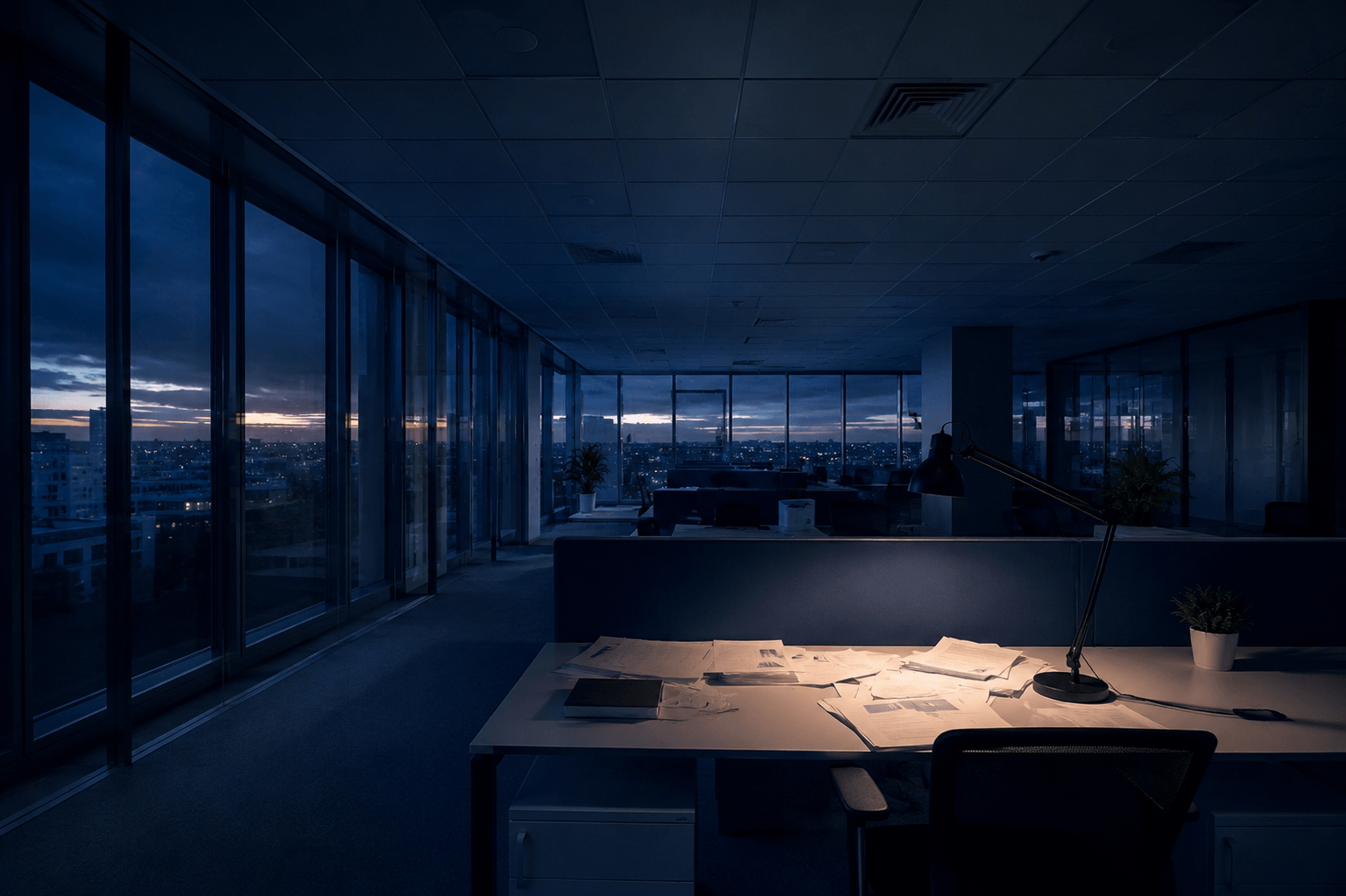 Empty dimly lit open-plan office at dusk, symbolising hidden workplace culture risk Title: Empty Office at Dusk — When Culture Risk Goes Unseen